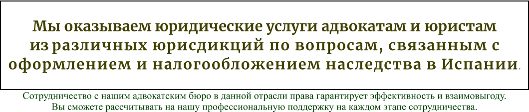 Мы оказываем юридические услуги адвокатам и юристам  из различных юрисдикций по вопросам, связанным с оформлением и налогообложением наследства в Испании. Сотрудничество с нашим адвокатским бюро в данной отрасли права гарантирует эффективность и взаимовыгоду.  Вы сможете рассчитывать на нашу профессиональную поддержку на каждом этапе сотрудничества.